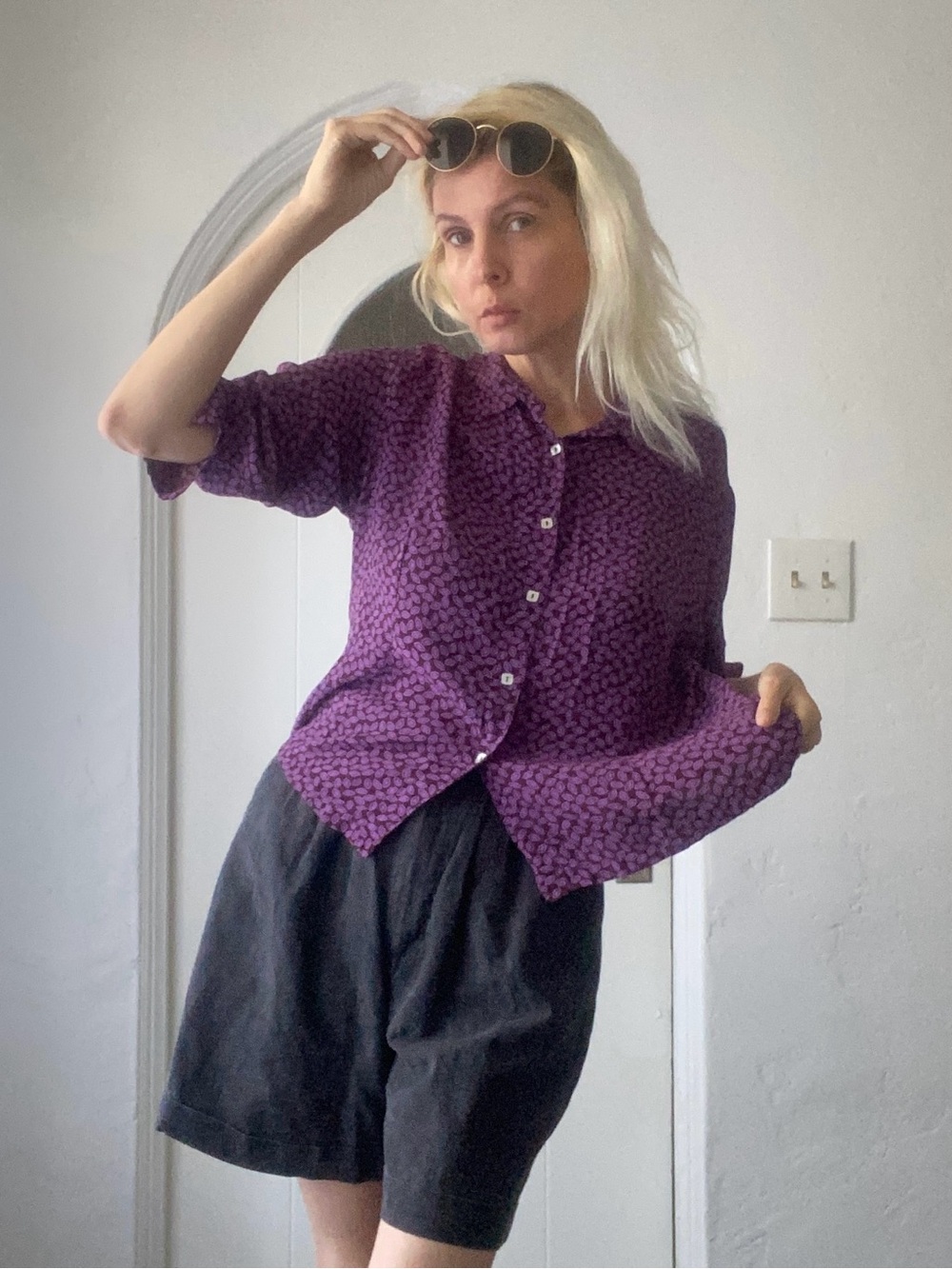 Vintage 70s Purple Loose Fit Casual Button-Down Shirt with Micro Print M/L